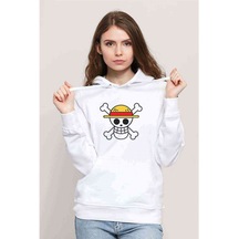 Anime One Piece Logo Baskılı Beyaz Kadın Kapşonlu Sweatshirt