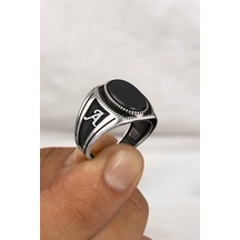 Oval Oniks Taşlı Çift Tarafı Harfli Gümüş Erkek Yüzük -8282 Gümüş