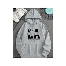 Herkesemoda California Baskı Detaylı İçi Polarlı Kapüşonlu Sweatshirt Gri