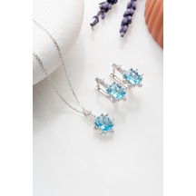 Nereze 925 Ayar Gümüş Aquamarin Baget Taşlı Küpe Ve Kolye Set