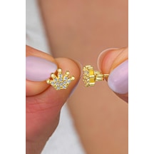925 Ayar Gümüş Gold Kaplama Minimal Kral Tacı Küpe Altın