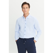 Erkek Acık Mavı Slim Fit Dar Kesim Düğmeli Yaka Pamuklu Gömlek Acık Mavı