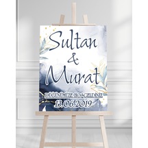 Söz Nişan Düğün İçin 50x70 Karşılama Panosu - Mavi Çiçek Özel Tasarımlı Beyaz