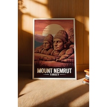 Nemrut Dağı Tablo - Retro Travel Poster - Adıyaman Şehiri Duvar Dekoru - Çerçeveli İllüstrasyon Beyaz