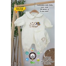 Gros Shop Müslin Yeni Doğan 4katlı Organik %100pamuk Kişiye Özgü Nakışlı Hastane Çıkış Seti Çoklu Balon Ekru-3