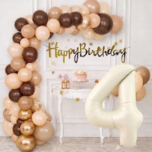 4 Yaş Pompa Hediyeli Doğum Günü Seti Banner Gold Kahverengi Kum Beji Ten Rengi Balonlar Krem Rakam Çok Renkli