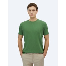 Kip Fıstık Yeşili Düz Bisiklet Yaka Pamuk Karışımlı T-shirt Fıstık Yeşili