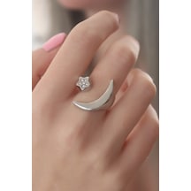 Gümüş Renk Ay Yıldız Model Zirkon Taşlı Kadın Yüzük Gümüş