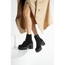 Dabab Shoes Melvıan Kadın Siyah Lüks Süet Bağcıklı Fermuarlı İçi Kürklü 8 Cm Kalın Topuklu 3 Cm Platform Bot Bootie Siyah Süet