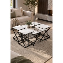 Sulorahome 5'li Beyaz Mermer Görünümlü Sehpa Seti Metal Ayaklı