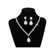 Glema - Kristal Taşlı Su Damlası Gümüş Kaplama Şık Düğün Kolye Küpe Hediye Takı Seti Şeffaf