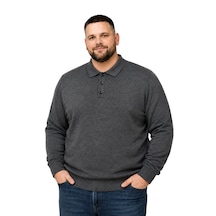 Battalmoda Erkek Büyük Beden Füme Düğmeli Polo Yaka Triko Kazak 3xl-4xl-5xl-6xl