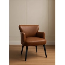 Waterybrook Tekli Berjer Koltuk - Suni Deri - Siyah Ahşap Ayaklı - Modern Retro Tasarım - Ofis Ve Salon Koltuğu Acı Kahverengi
