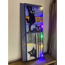 Karda Penceredeki Kediler Özel Tasarım Led Işıklı Tablo