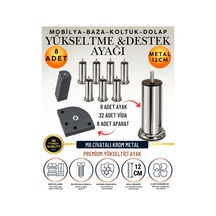 16'lı Set 8 Adet Ayak Ve Aparat 12 Cm M8 Vidalı Metal Krom Ayak Mobilya Ayağı Baza Ayağı Kanepe Ayağı Koltuk Ayağı Yatak Ayağı Yükseltme Ayağı Dolap Ayak Sehpa Sandık Ayakları Değişim Destek Ayağı Gümüş Gümüş