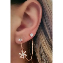 Kar Tanesi Figürlü Gümüş Rose Zincir Tek Küpe