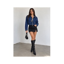 Zdnjeans Kadın Tokalı Crop Denim Kot Ceket Mavi