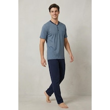 Mecit Pijama Mecit 4003 İndigo Büyük Beden Kısa Kollu Erkek Pijama Takımı