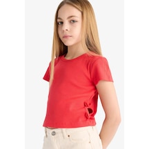 DeFacto Kız Çocuk Slim Fit Dar Kesim Bisiklet Yaka Fitilli Kaşkorse Kısa Kollu Tişört F0306A825SMRD87 Kırmızı