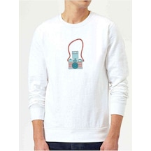 Etnik Renk Fotoğraf Makinesi Baskılı Beyaz Erkek Sweatshirt