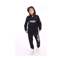 Toontoy Kids Toontoy Erkek Çocuk 2'li Takım Baskılı Kapüşonlu Fermuarlı Sweatshirt & Beli Paçası Lastikli Cepli Jogger Eşofman Altı - 2 İplik Siyah