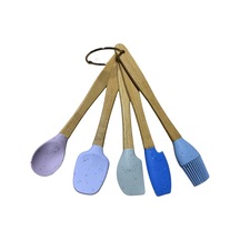 Silikon Kaşık Seti, Bambu Saplı, Mavi Ve Mor Renkli, 5 Parça, Spatula Ve Fırça Dahil