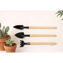 3 Parça Ahşap Saplı Saksı Bakım Seti 20cm Boyutunda Mini Kürek Sivri Kürek Tırmık Seti