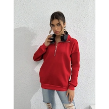 Macklin Unisex Kadın Erkek Baskısız Yarım Fermuarlı Dik Yaka Basic Sweatshirt Kırmızı Mck0604 Kırmızı
