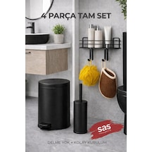 4 Parça Banyo Aksesuar Seti Yapışkanlı Duvar Rafı 5 Lt Çöp Kovası Tuvalet Fırça Siyah Titan 7104 Krom