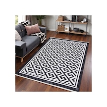 Modern Siyah Beyaz Geometrik Kilim Kaymaz Taban, Yıkanabilir, Salon & Oturma Odası Siyah Siyah