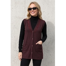 Onno Style Women Yakası Taşlı Çelik Örgü Triko Kadın Yelek Bordo