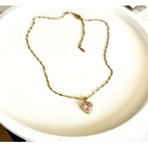 Kadın Çelik Kolye Zirkon Taş Yıldız Zincir Kalp Kararmaz Kolye Pembe