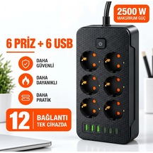 2500w 6'lı Grup Priz 6 Usb Girişli 3 Type-c + 3 Usb-a Açma Kapama Anahtarlı Çoklu Priz Çoğaltıcı