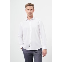 İmza Beyaz Uzun Kol Kendinden Desenli Armürlü Sert Yaka Cepsiz Pamuklu Classic Slim Fit Gömlek 1004245202 Beyaz
