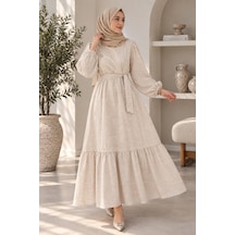 Maşuka Bej Renk Nada Kumaş Kuşaklı Broş Detaylı Yazlık Bohem Elbise Soft Bej Soft Bej