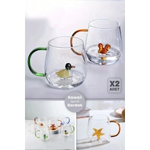 2'li Figürlü Cam Bardak 3d Sevimli Karikatürler Bardağı Kawaii Renkli Kulplu Sunum Fincanı 350 Ml.