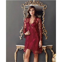 Pierre Cardin Lovela 2008 Altılı Saten Gecelik Sabahlık Çeyiz Takımı Bordo Bordo