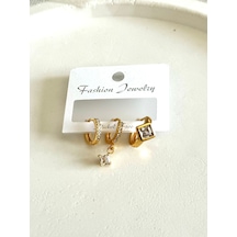 Kadın Küpe Özel Tasarım 3'lü Baget Taş Model Kararmaz Küpe 001