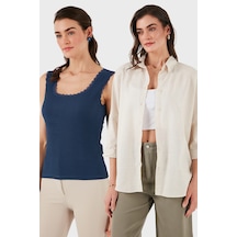 Lela Streç Pamuklu Oversize Fit 2' Li Paket Bayan Gömlek-Atlet Set 67810014979S2 Bej-Indigo