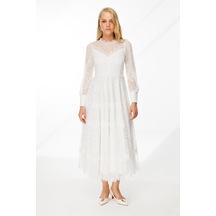 Dantel Detay Bej Astarlı Maxi Boy Abiye Elbise Nefeli Beyaz