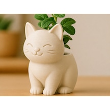 3d Baskı Sevimli Kedi Saksı - Figürlü Sukulent Saksısı-bej