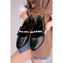 Nesilshoes Nesil Shoes Ceylan 360 Siyah İnci Detaylı Kadın Babet