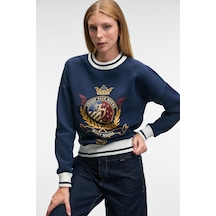 Grımelange VALLUNE Kadın Kontrast Triko Etek Ucu Manşet Ve Yakalı Nakış Crop Lacivert Sweatshirt