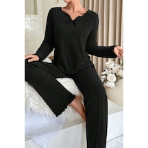 Angbutik Kadın Siyah Uzun Kollu Fiyonklu Yuvarlak Yaka Mevsimlik Pijama Takımı