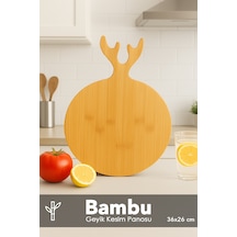 Yuvarlak Bambu Kesme Tahtası - Geyik Model Servis Sunum Tahtası Sunumluk Kesim Panosu 36x26 Cm Bej
