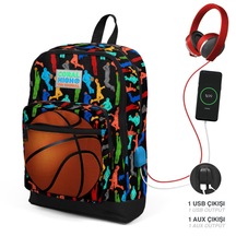 Coral High Kids Siyah Basketbol Desenli Dört Bölmeli USB Şarjlı Kulaklık Çıkışlı Okul Sırt Çantası 23281