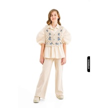 Xo Kids Ajurlu Polo Yakalı Büzgü Kollu Geniş Paçalı Kız Çocuk Pantolon Takım 10-16 Yaş 24122