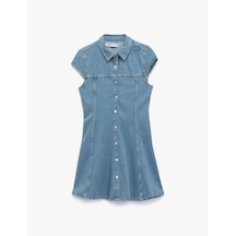 Koton Kısa Kollu Düğmeli Gömlek Yaka Mini Denim Elbise Açık İndigo 5sal80060md Açık İndigo