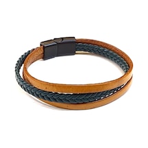 Camel Braid Taba Örgü Detaylı Erkek Hakiki Deri Bileklik-1420 Antrasit