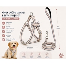 Köpek Göğüs Tasması Ve Sevk Kayışı Seti 28-35 Cm Desenli Papyonlu 1,2 Metre Kayış - Gri Pembe Çok Renkli
